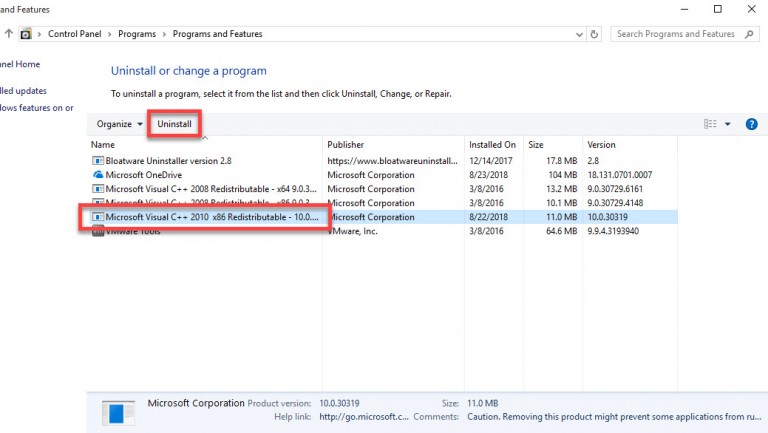 uninstall microsoft visual c   2010 x64 redistributable